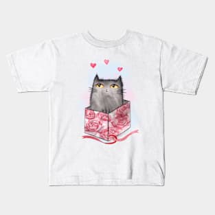 Watercolor cute cat in box with beautiful peonies. Kids T-Shirt